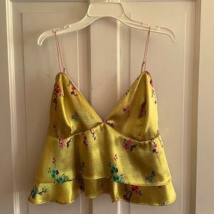 Satin Yellow and Flowers Spaghetti Strap Blouse
